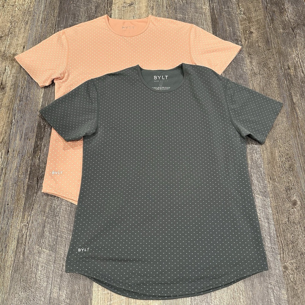 2 BYLT Short Sleeve Tee T-Shirt Womens Size L Drop Cut Lux Polka Dot‎ Gymwear